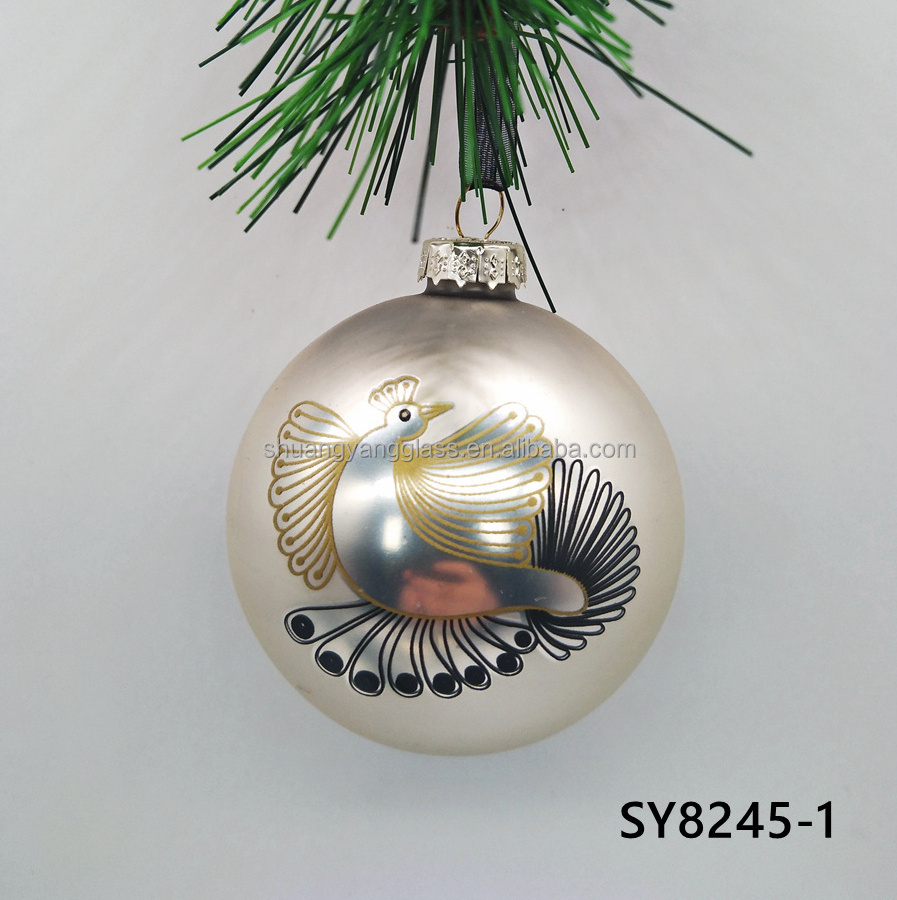 New design 8 cm silver white glass ball bird motif decal Christmas tree hanging decoration