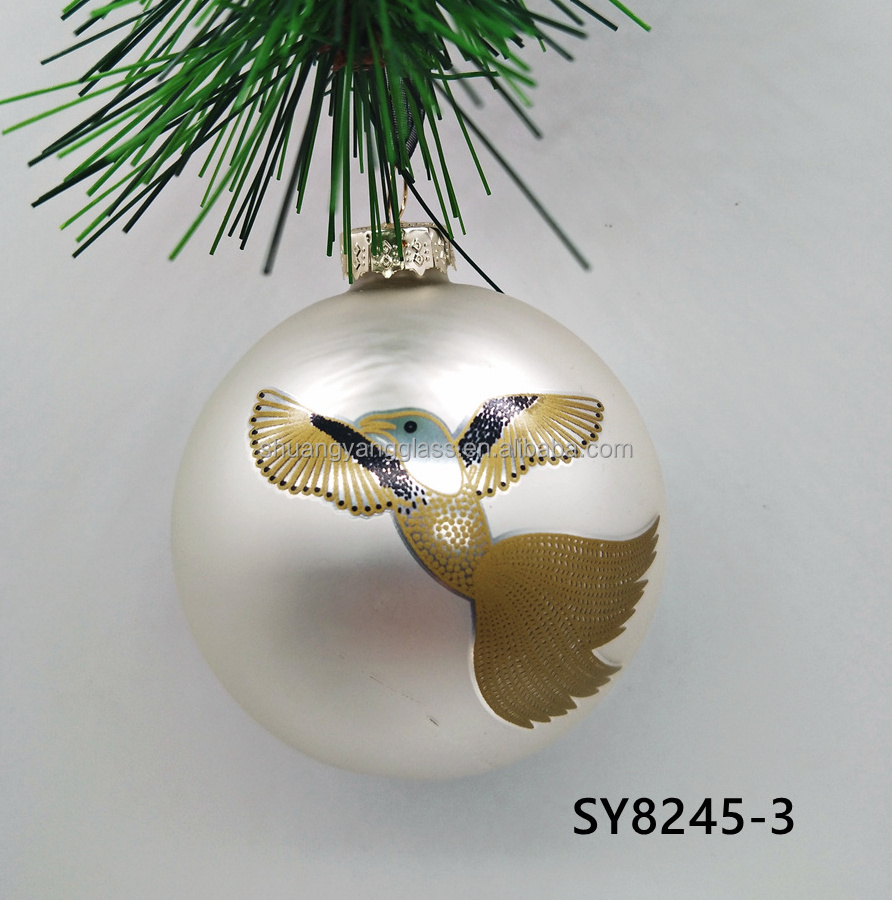 New design 8 cm silver white glass ball bird motif decal Christmas tree hanging decoration