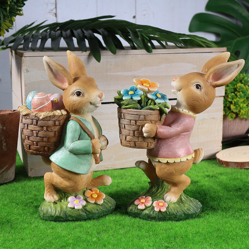 Easter resin rabbit statue decoration in the forest picking flowers to transport eggs a group of cute rabbits