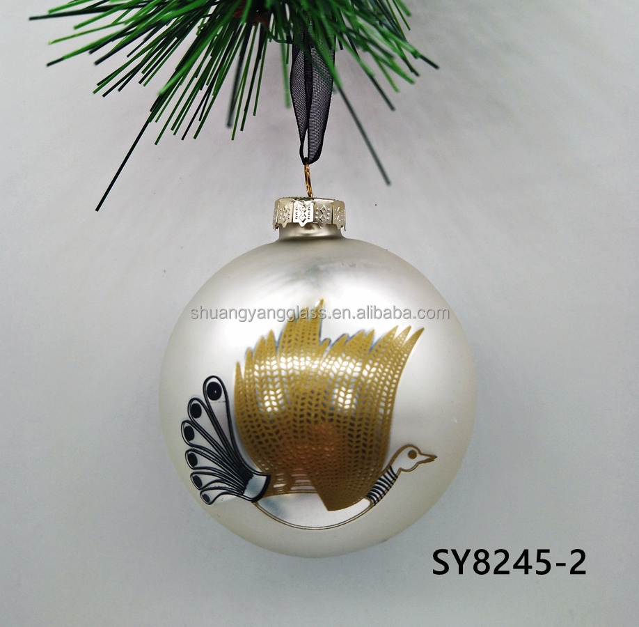 New design 8 cm silver white glass ball bird motif decal Christmas tree hanging decoration