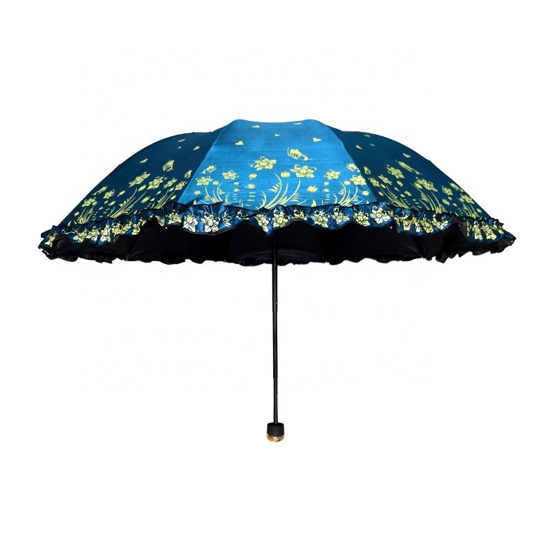 Hot Selling Changing Color Black Coated Manual Open Three Fold Fashion Umbrella With Lace For Woman SPF