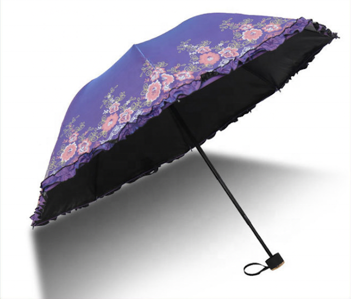 Hot Selling Changing Color Black Coated Manual Open Three Fold Fashion Umbrella With Lace For Woman SPF