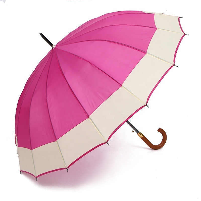 Hot Selling Multiple Color Two Color Joint 25 Inch 16K Large Straight Umbrella Wooden Handle