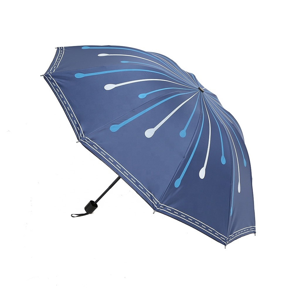 New Design Black Coating Raindrop Pattern Fashion 3 Folding UV Blocking Umbrella For Women