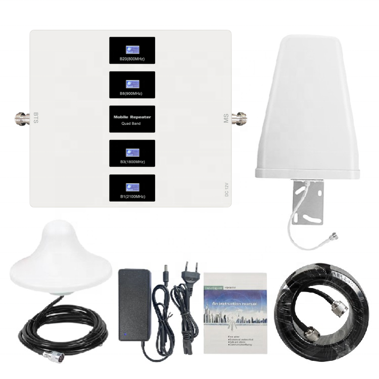 Band20 band8 band3 band1 800 900 1800 2100 mhz quad band gsm 2g 3g 4g lte network mobile cellular signal booster amplifier