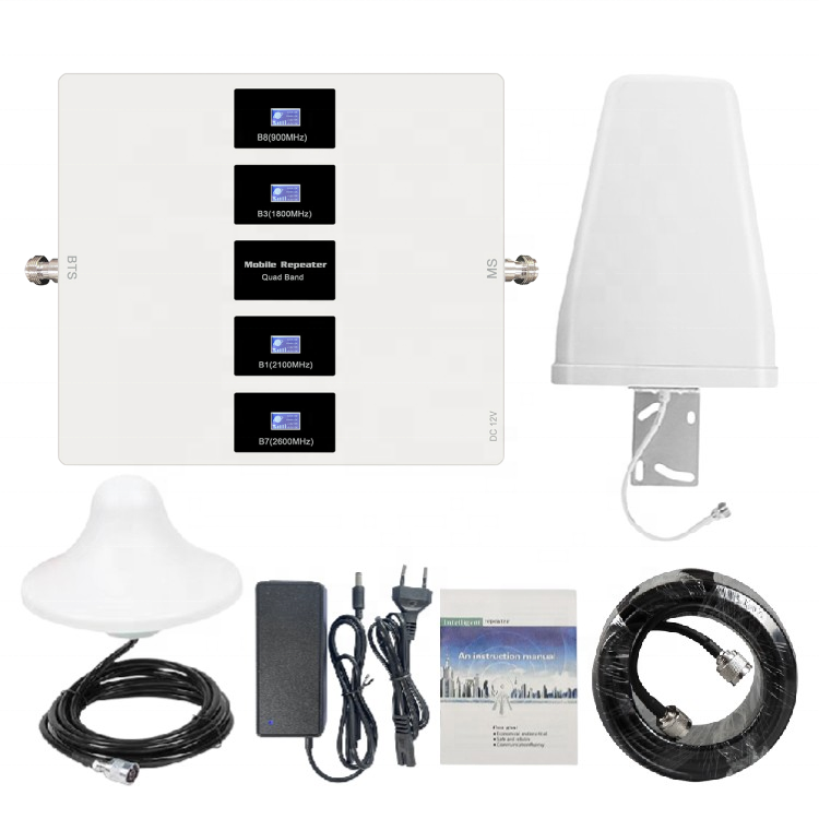 Complete kit four band home indoor mobile network booster 900/1800/2100/2600mhz quad band gsm 4g lte network signal amplifier