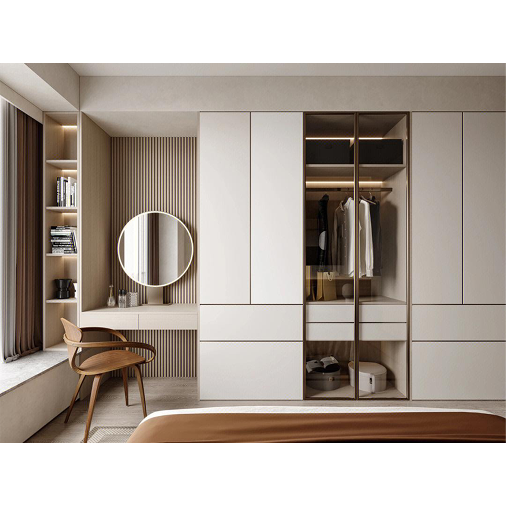 Hotel Custom modern wardrobe Design Shape Closet Concealed Handles Paint Lacquer Finish L Space Saving Storage Wardrobe System