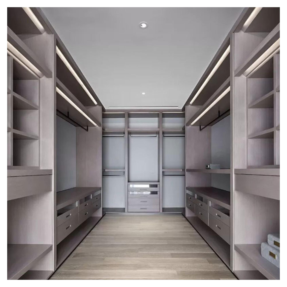 Foshan Factory Supply Simple Beige Color Walk In Wardrobe Custom Wooden Closet Combination with Mirrored Door and Drawers