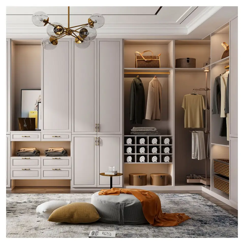 Bedroom European Style Glass Door Movable Cabinet Grey Armoire Contemporary Luxury Custom Furniture High Quality Wardrobe