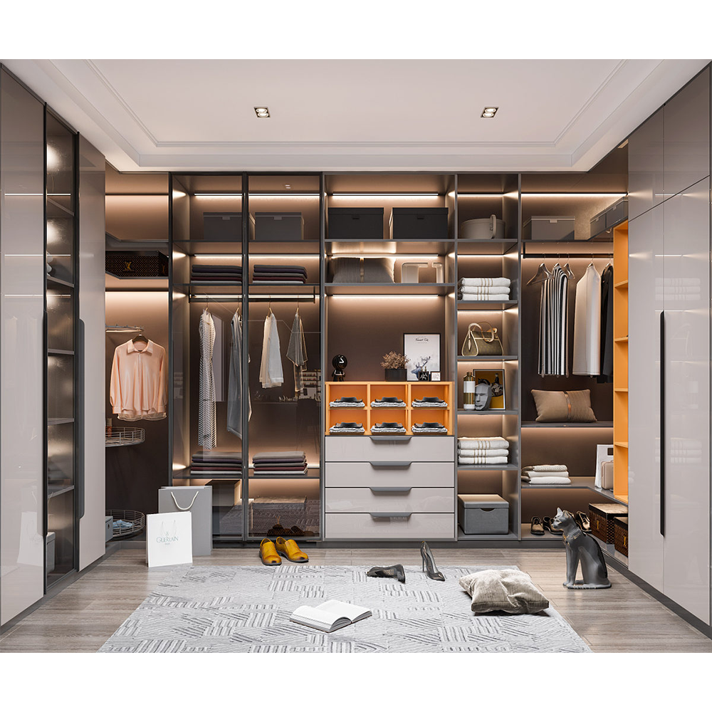 Customized Solid Wood Walk In Bedroom Wardrobe Closet with Tempered Glass Doors