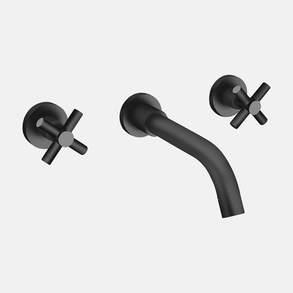 ModernLuxury Hotel Bathroom  British Style Cross Handwheel Three Hole Wall Mount Black Basin Faucets