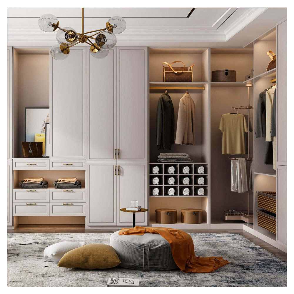 Latest Fashion Custom Furniture Solid Wood Double Wardrobe Fancy Design Practical Closet Fitting with Lights and Brass Hardwares