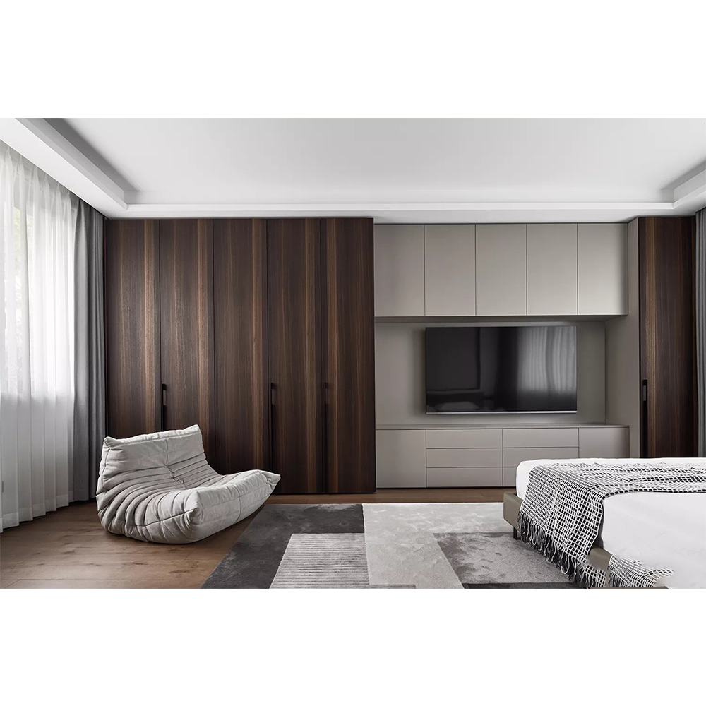 Contemporary Design L Shape Bedroom Closet Custom Melamine Finish Wooden Wardrobe Large Capacity Grey Color Armoire Cabinet