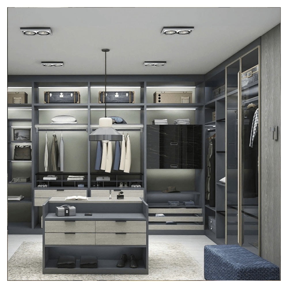 Modern High Luxury Custom Solid Wooden Multi-Function Walk In Closet With Island Wardrobe  With Drawers