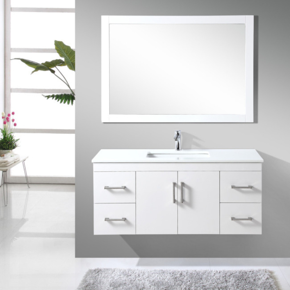 Modern Quartz Top White Glossy Bathroom Vanity Cabinet Drawing Handle With Mirror Factory Direct