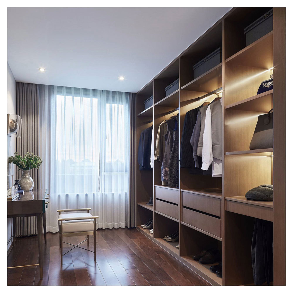 Modern High Luxury Custom Solid Wooden Multi-Function Walk In Closet With Island Wardrobe  With Drawers