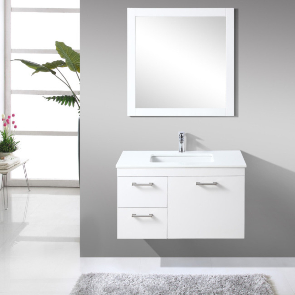 Modern Quartz Top White Glossy Bathroom Vanity Cabinet Drawing Handle With Mirror Factory Direct