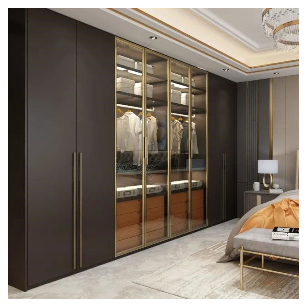 Italian Wardrobe Latest Large Space Bedroom Furniture Wooden Closet Cabinets Durable Armoire with Display Storage and Lights