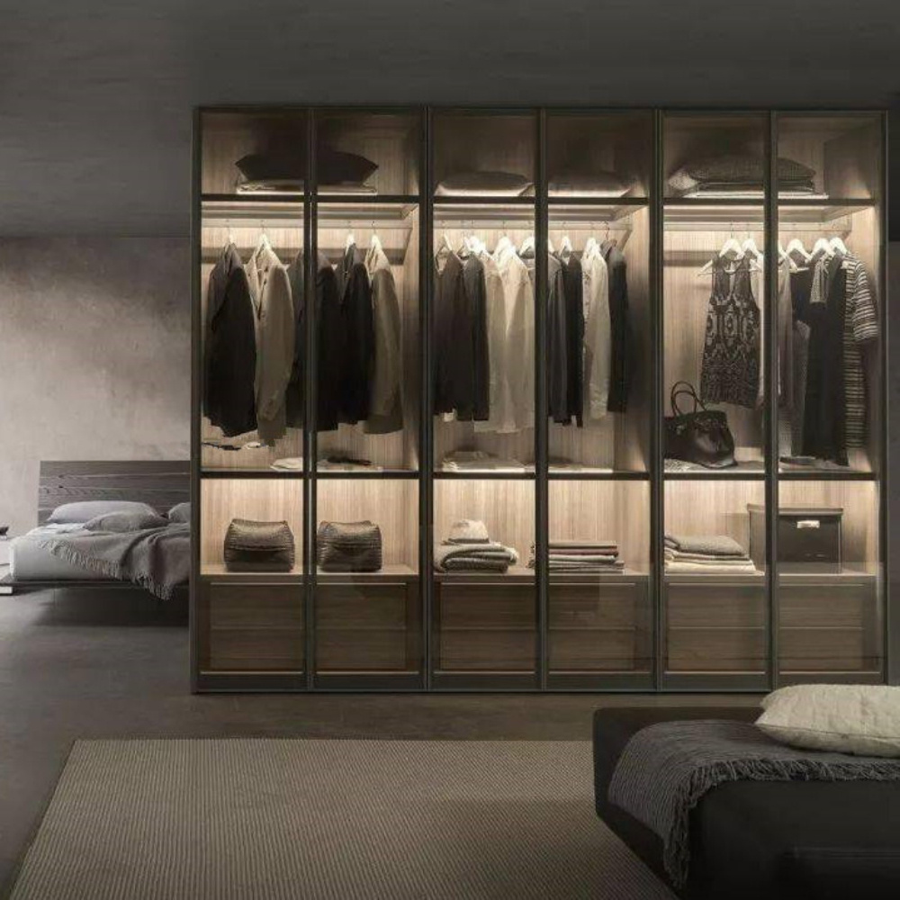 Factory Price Custom Modern Design Clothes Storage Organizer Wardrobe Bedroom Furniture Glass Door Wardrobe Closet Cabinet