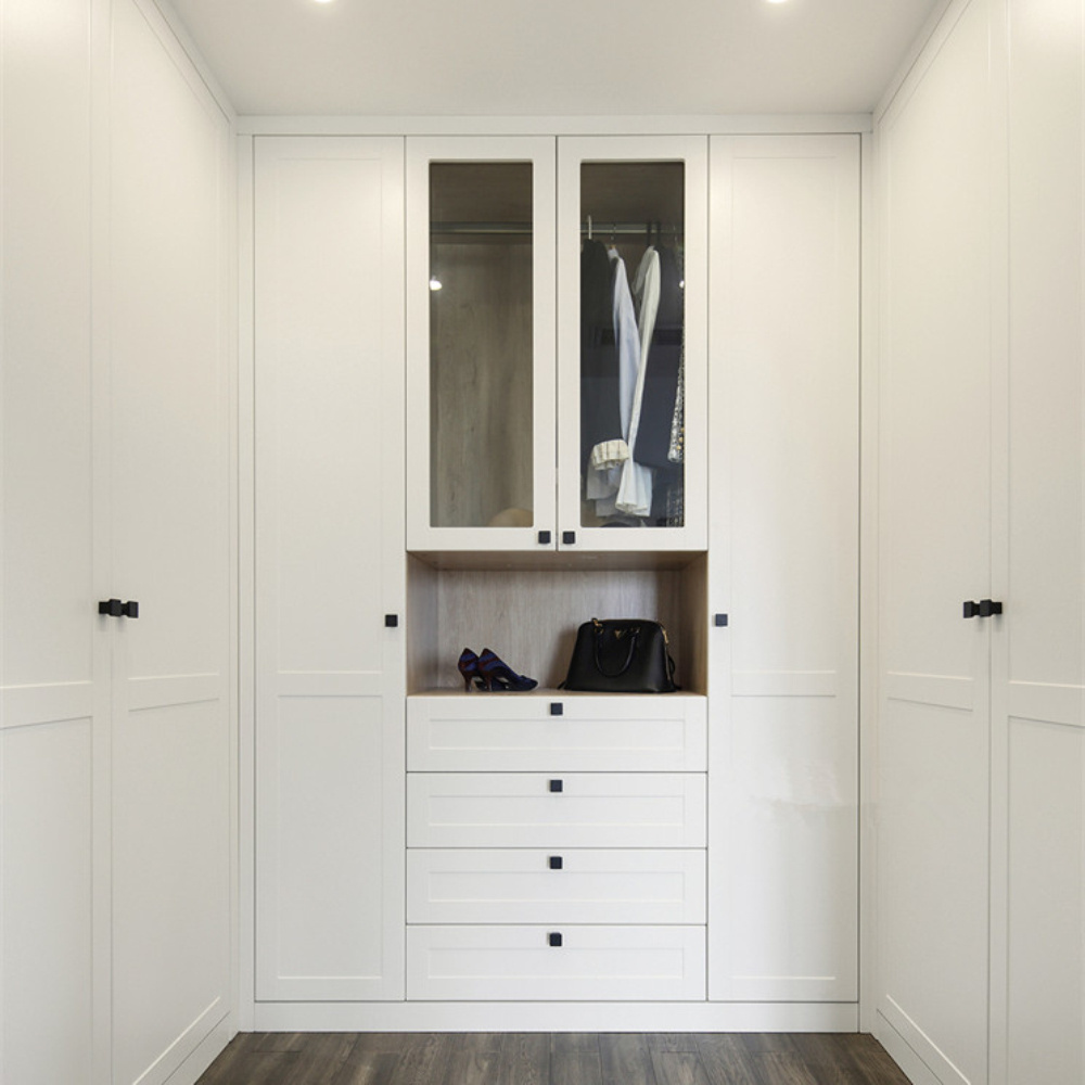 Modern Design Custom Elegant Corner Wardrobe Closet Wooden Open Armoire with Metal Handles and Multiple Drawers Island