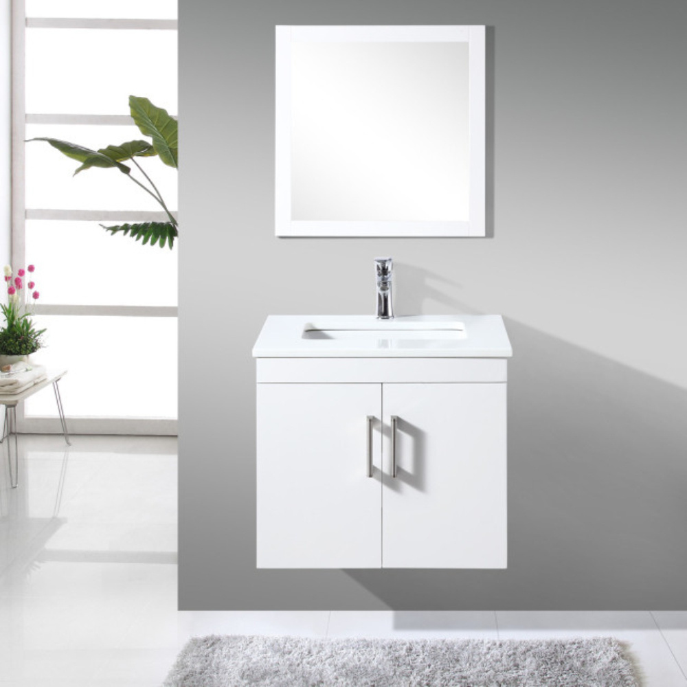 Modern Quartz Top White Glossy Bathroom Vanity Cabinet Drawing Handle With Mirror Factory Direct