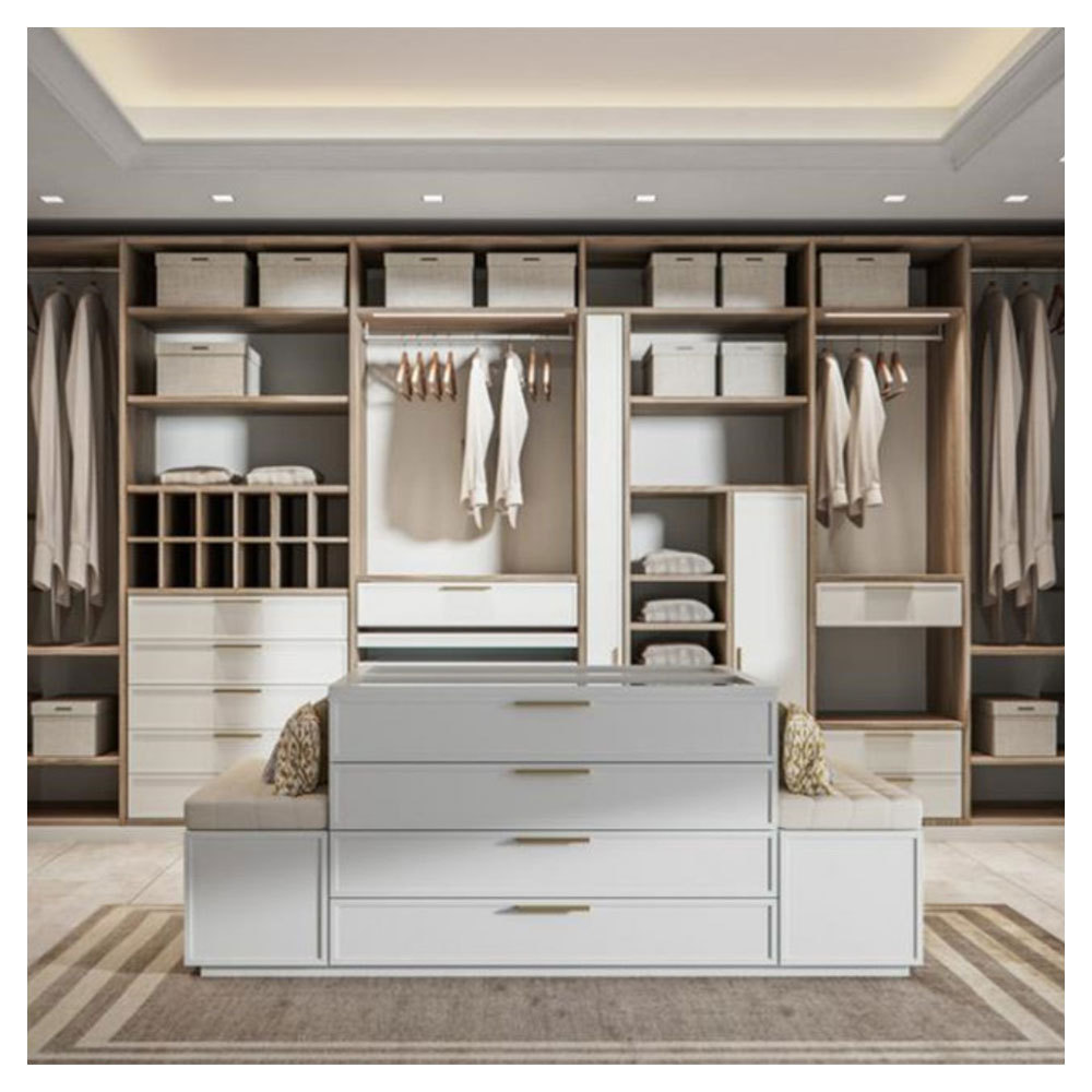 L Shape Latest Design Custom French Wardrobe Elegant High-end Wooden Built In Closet with Drawers and Cubes Combination Cabinet