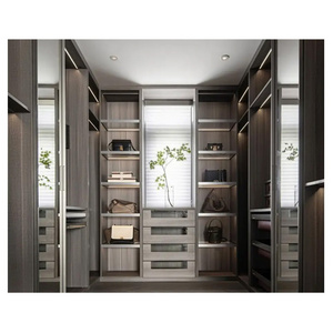 Modern Mirrored Doors Glass Shelves Hanging Rails Melamine Finish Closet Custom Free Style U Shape Durable Armoire Wardrobe