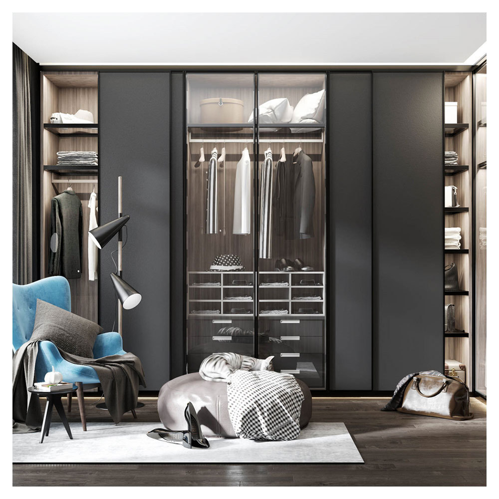 Customize Bedroom Closet Whole Set Black Wooden Lacquer Wardrobe U Shape Open Wardrobe With Drawer