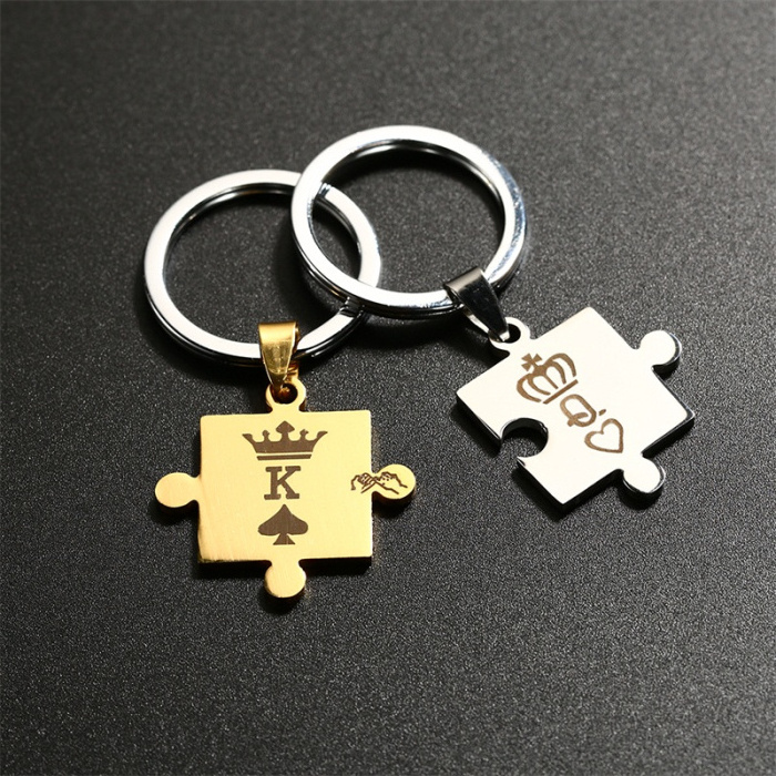 Romantic love 2pcs puzzle shape key chain jewelry gold-silver stainless steel black laser king and queen keychain for coupler