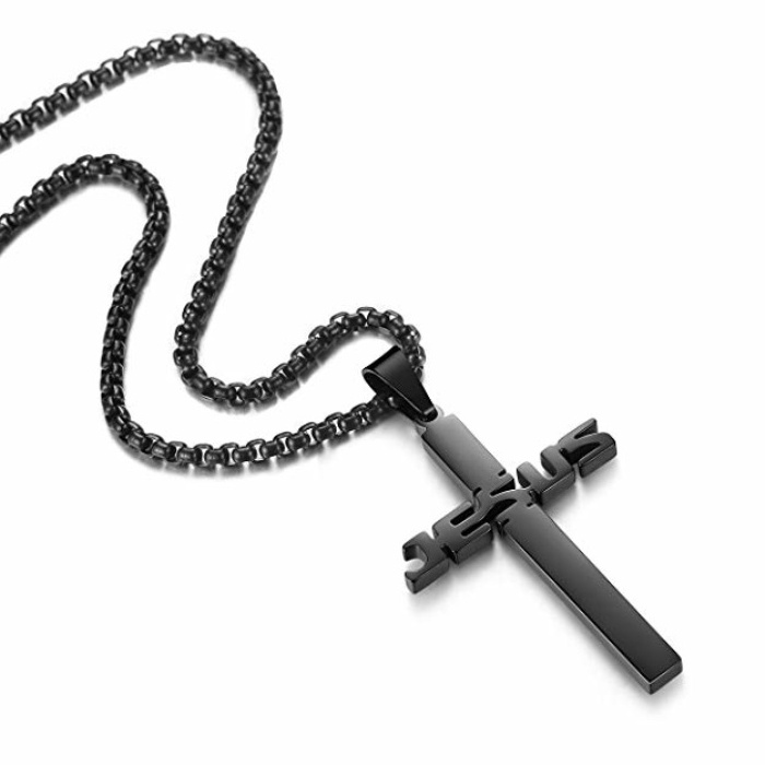 Religious Christian jewelry Jesus Cross Pendant Cheap Wholesale Black Plate Stainless Steel Mens Jesus Cross Necklace With Chain