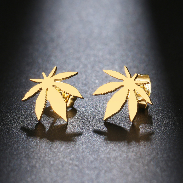 Maple leaf amulet ear piercing jewelry silver/gold plated simple classic stainless steel weed leaf stud earrings for men women