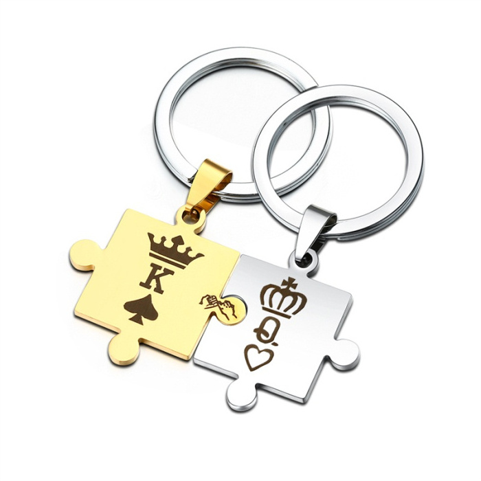 Romantic love 2pcs puzzle shape key chain jewelry gold-silver stainless steel black laser king and queen keychain for coupler