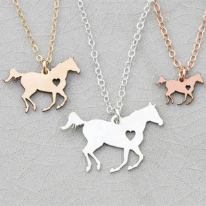 Customized size free engrave small heart hollow silver/gold/rose gold delicate stainless steel horse necklace for wholesale