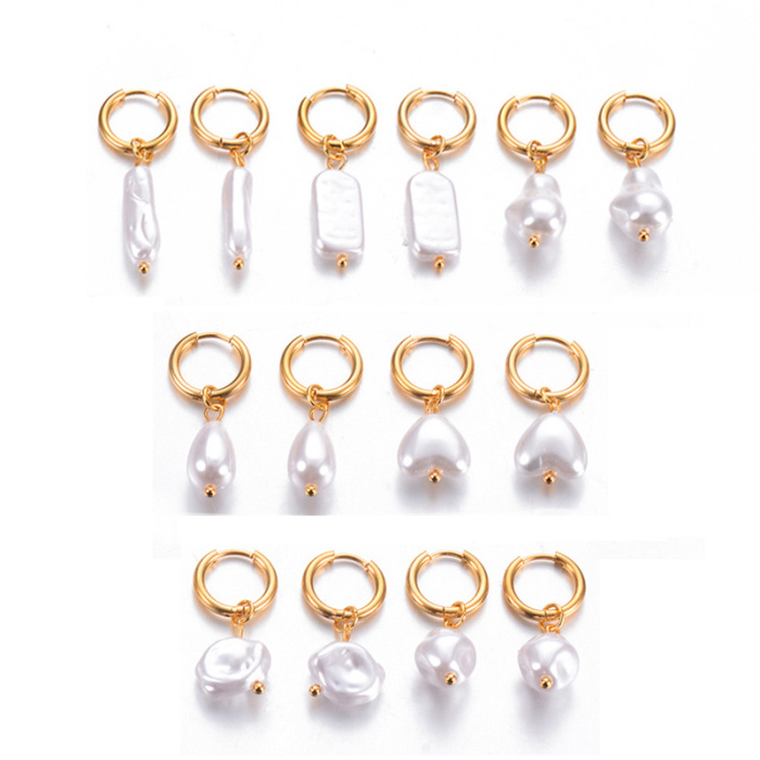 Trendy Fashion Women Shiny 18K Gold Plated Stainless Steel Jewelry Freshwater Baroque Pearl Hoop Dangle Drop Earrings