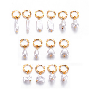 Trendy Fashion Women Shiny 18K Gold Plated Stainless Steel Jewelry Freshwater Baroque Pearl Hoop Dangle Drop Earrings