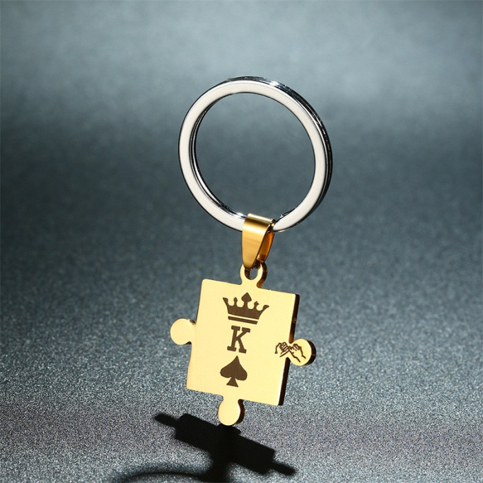 Romantic love 2pcs puzzle shape key chain jewelry gold-silver stainless steel black laser king and queen keychain for coupler