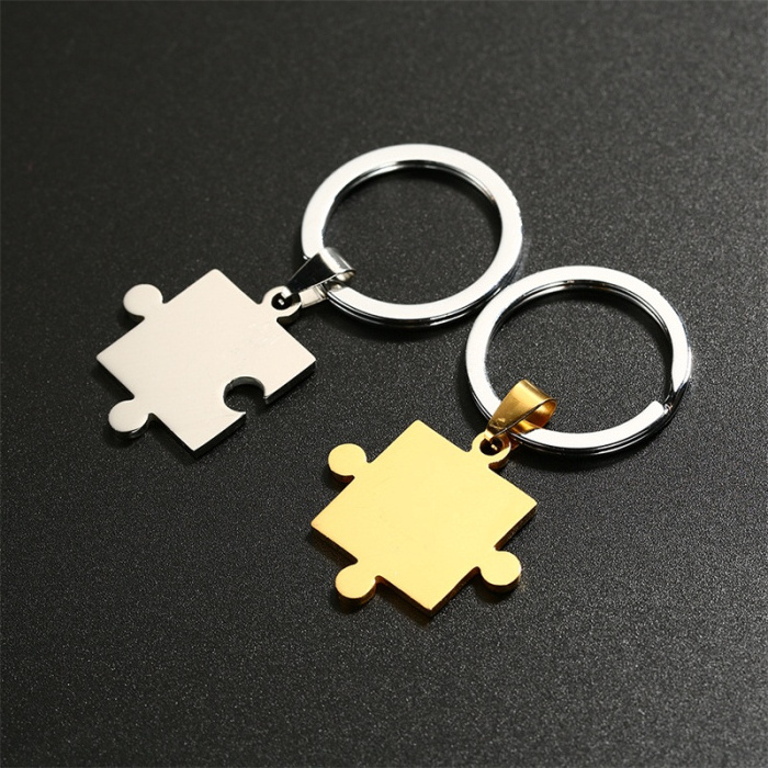 Romantic love 2pcs puzzle shape key chain jewelry gold-silver stainless steel black laser king and queen keychain for coupler