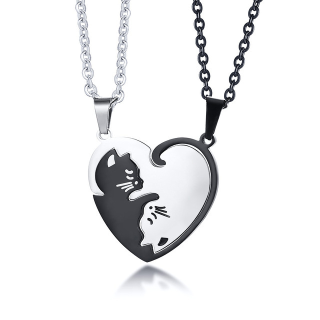 Couples lover romantic jewelry cat heart shape stainless steel couple 2 puzzle piece necklace for men women lovers bff jewelry