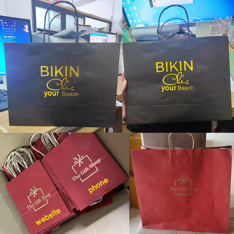 custom cheap wholesale price paper bag brown kraft black white hot stamping gold foil logo embossed