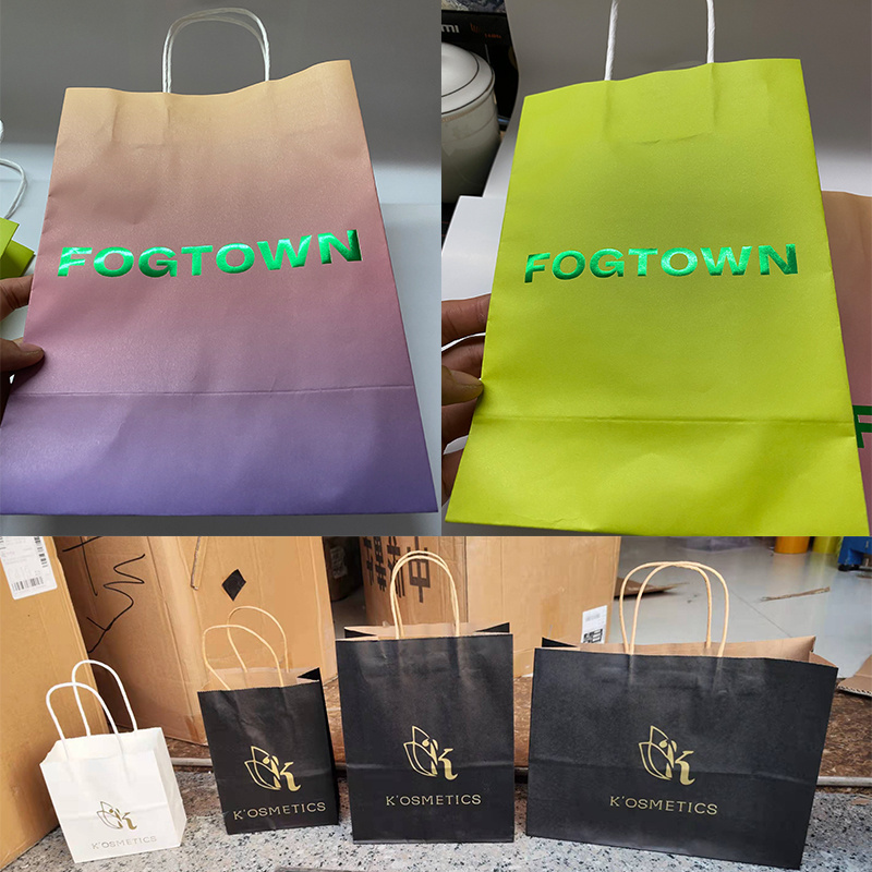 custom cheap wholesale price paper bag brown kraft black white hot stamping gold foil logo embossed