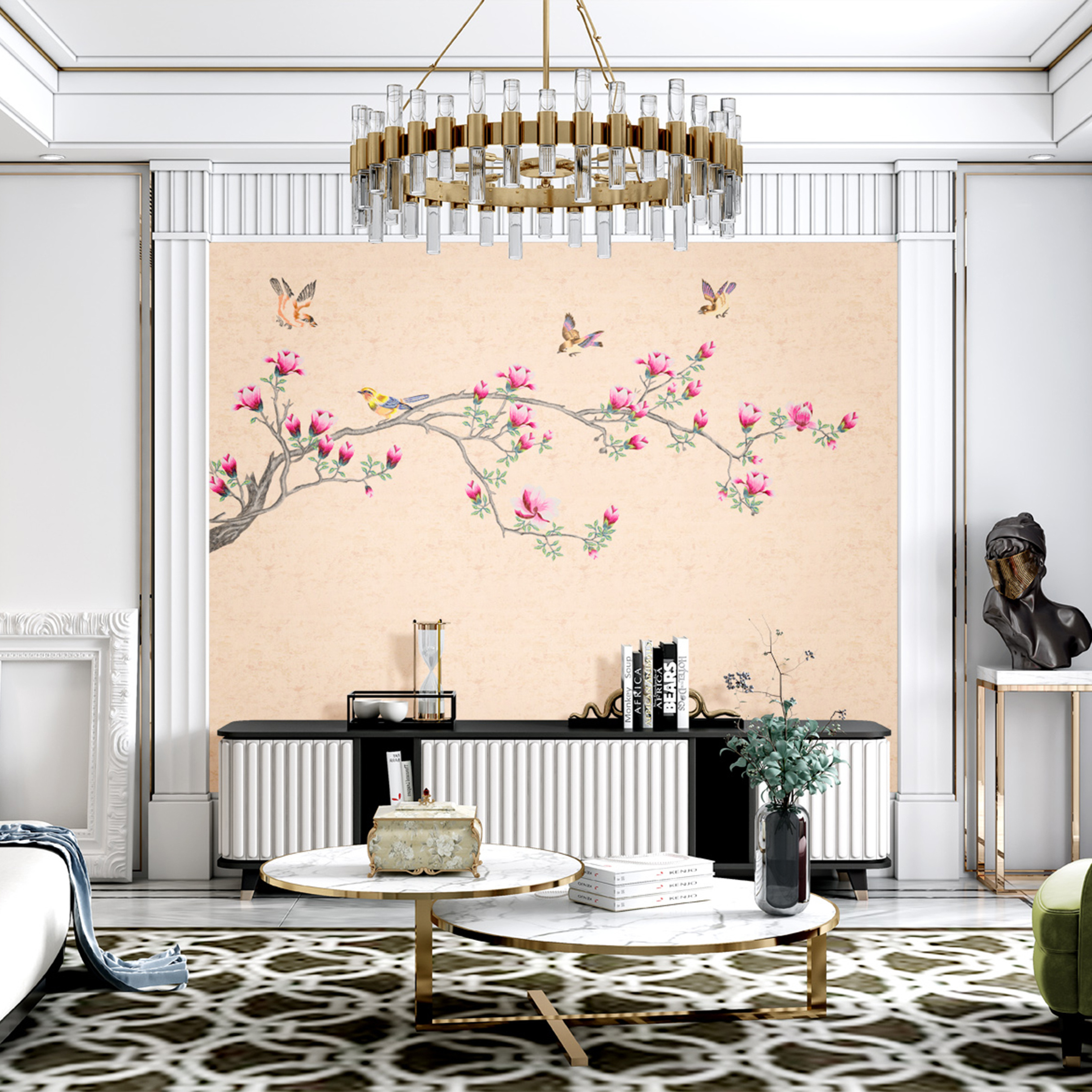 embroidered painting Hand Painted Chinoiserie Wallpaper on silk for dining room