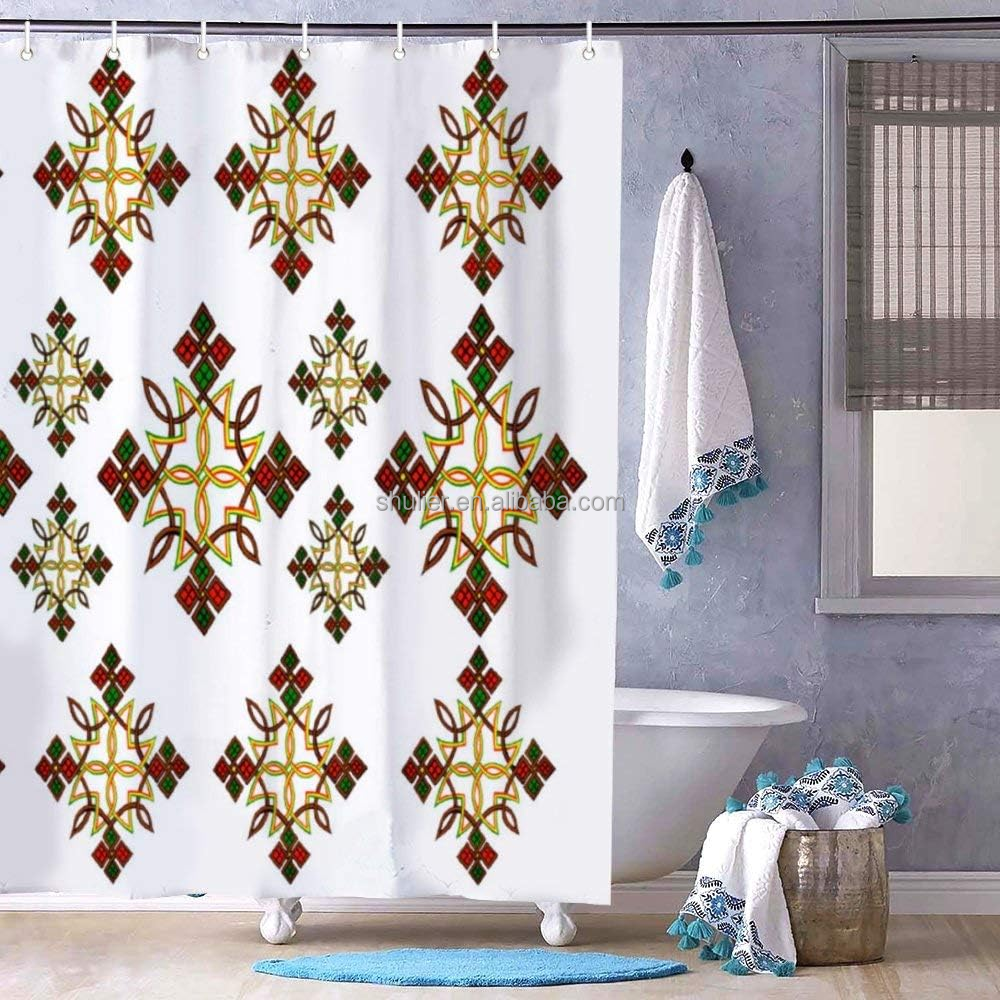 custom  4 Pieces  Bathroom Decor Ethiopian Cross Meskel Waterproof Fabric Bath Curtain with Hooks,Bathroom Shower Curtain 72