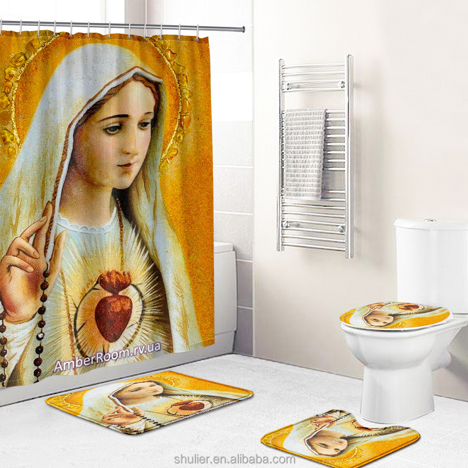 Custom Printed wholesale Bathroom waterproof Our Lady of Guadalupe 3D polyester Shower Curtain Sets with rugs