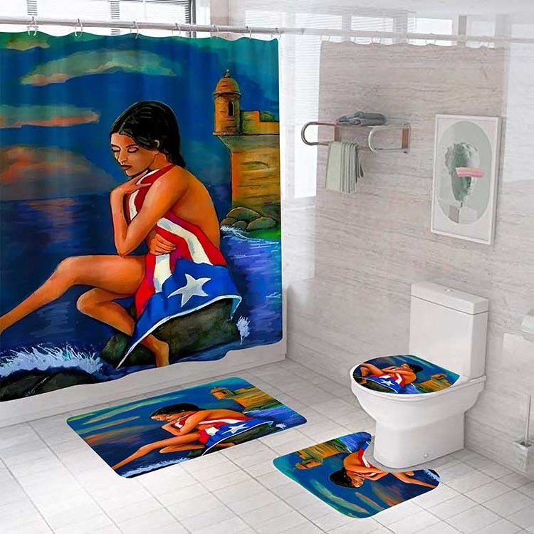 Custom Puerto Rico Flag Shower Curtains Bathroom Set Wholesale Luxury Waterproof Polyester 4 Piece Cortina de bano Toilet Sets