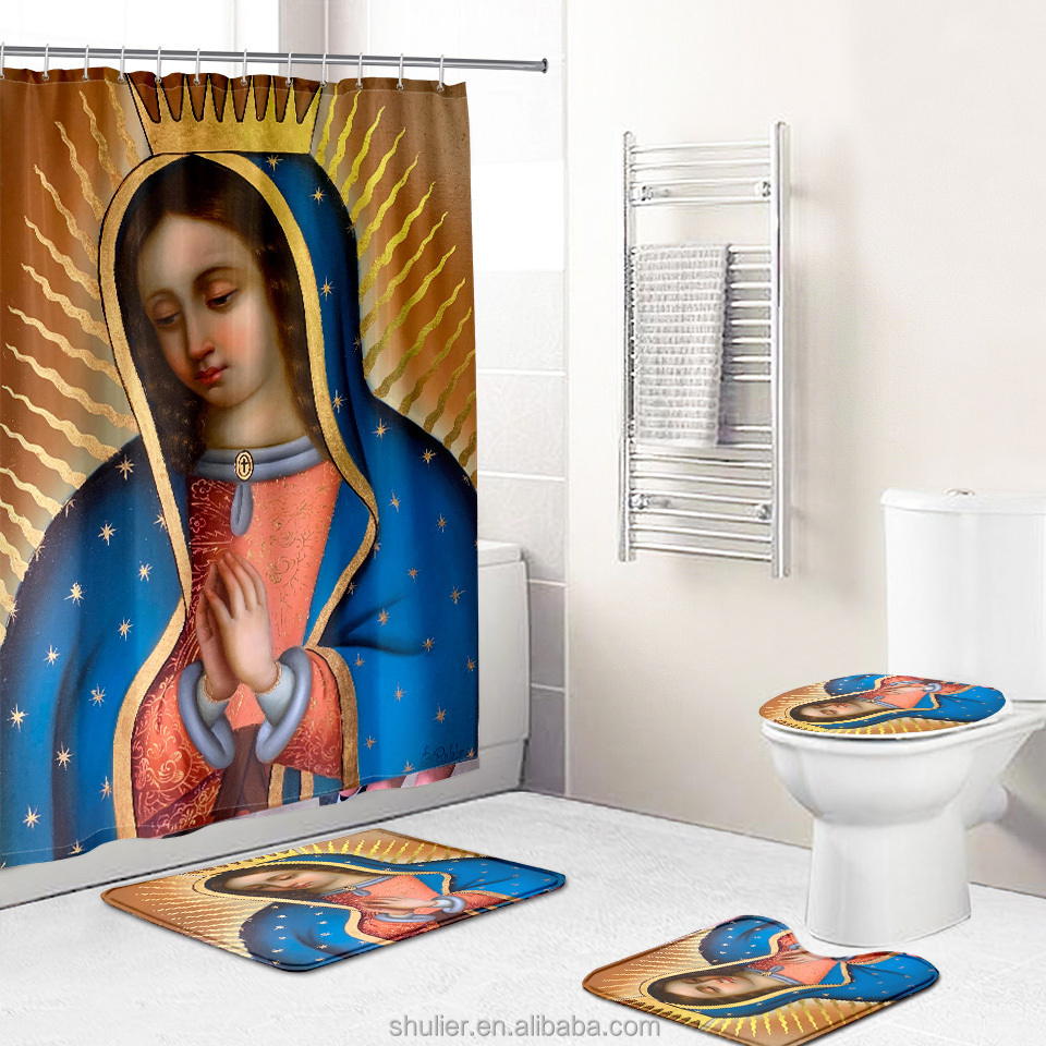 3d print  4 piece designers Guadalupe's Virgin bathroom shower curtain set