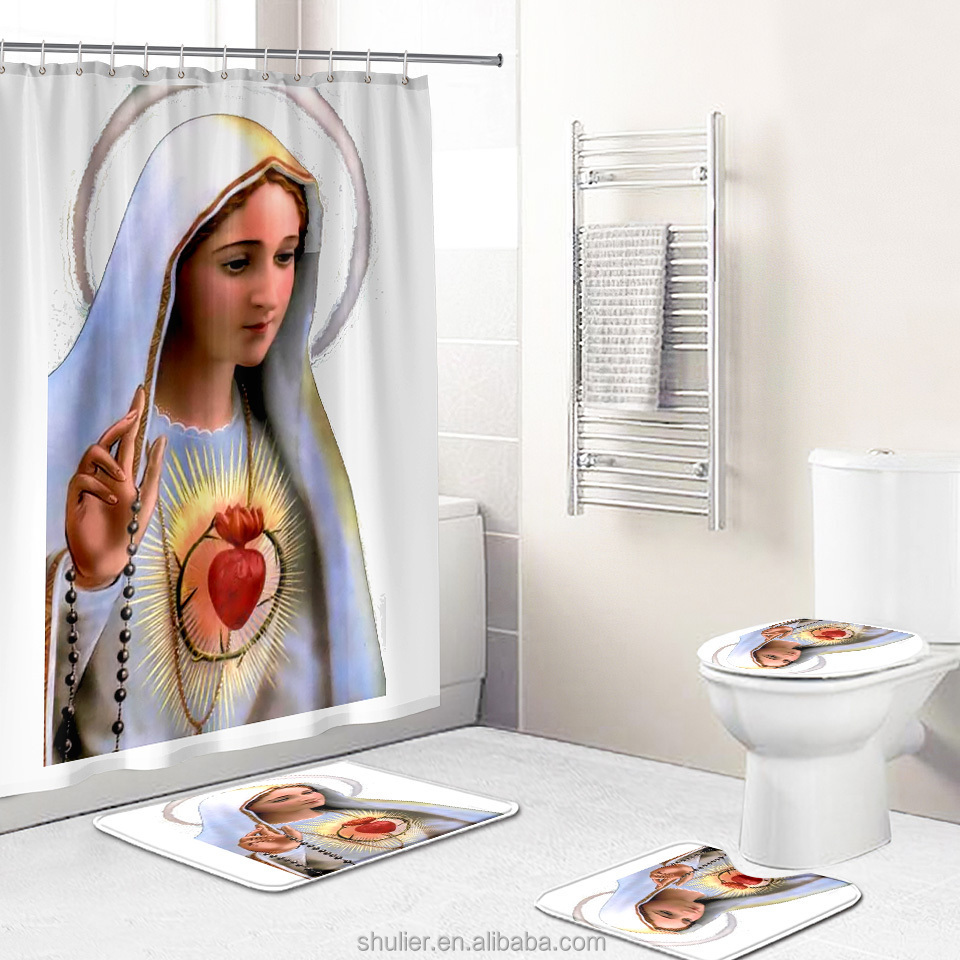 Custom Printed wholesale Bathroom waterproof Our Lady of Guadalupe 3D polyester Shower Curtain Sets with rugs