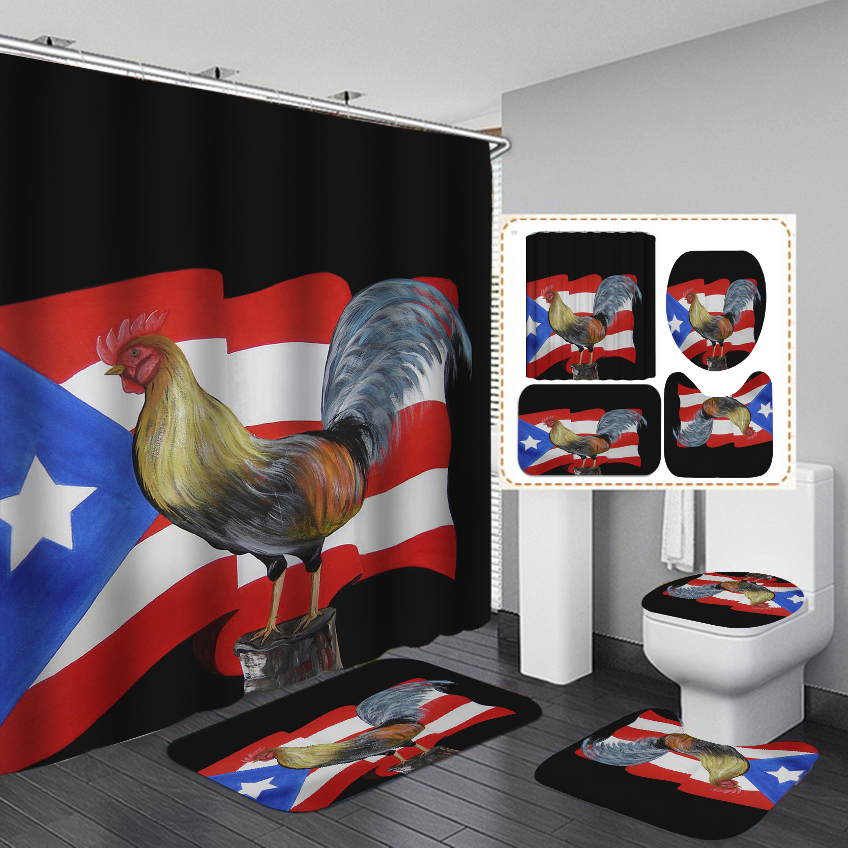 Custom Puerto Rico Flag Shower Curtains Bathroom Set Wholesale Luxury Waterproof Polyester 4 Piece Cortina de bano Toilet Sets