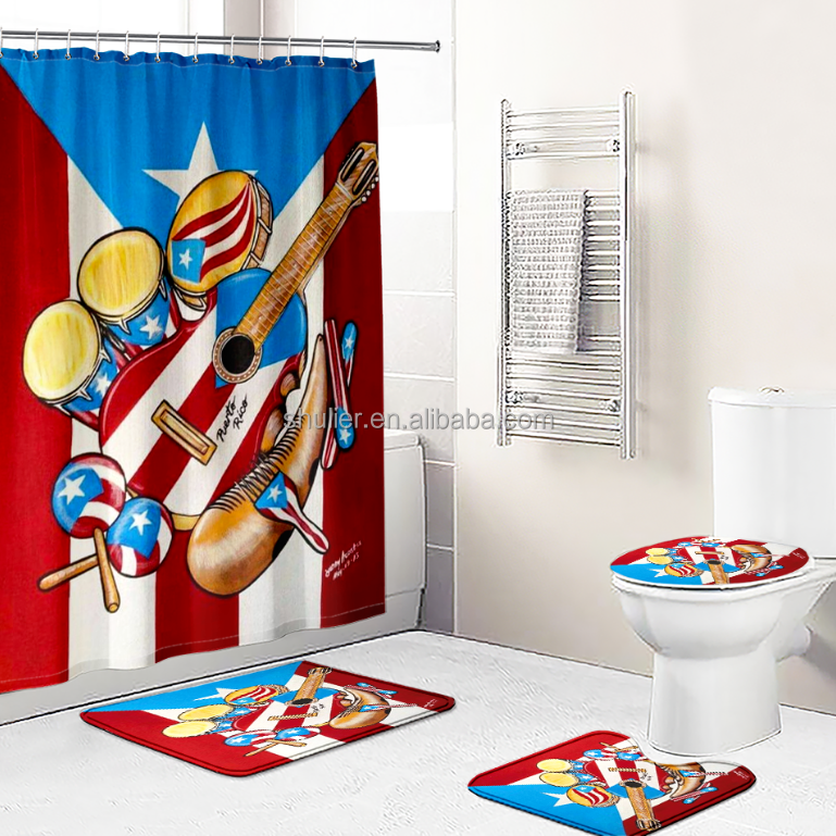 Puerto Rico Souvenir Flag Hibiscus Rooster Polyester Waterproof Frog Shower Curtain Set