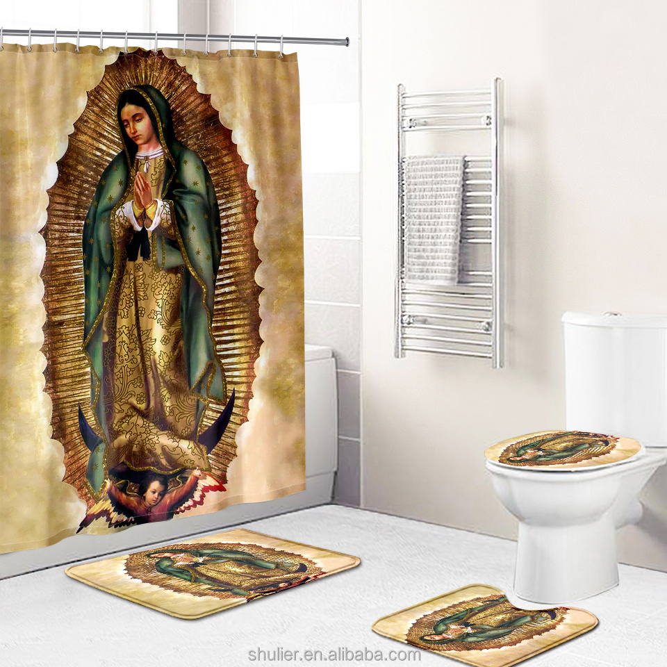 3d print  4 piece designers Guadalupe's Virgin bathroom shower curtain set