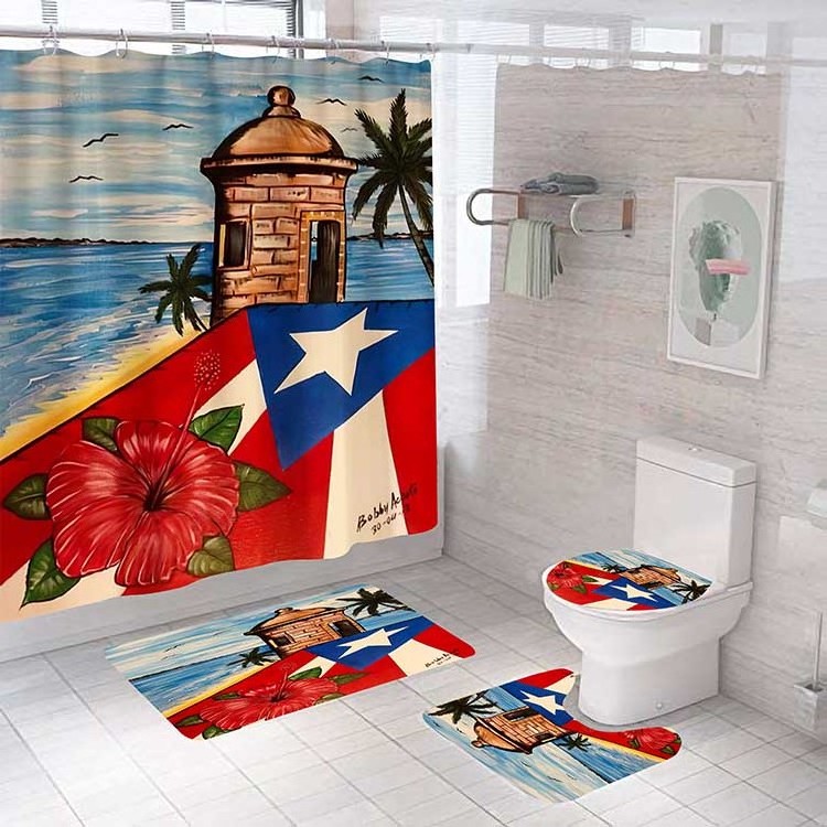 Custom Puerto Rico Flag Shower Curtains Bathroom Set Wholesale Luxury Waterproof Polyester 4 Piece Cortina de bano Toilet Sets